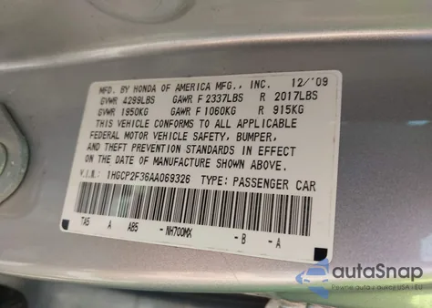 2010 Honda Accord 2.4 Lx из США, поврежденный, VIN 1HGCP2F36AA069326